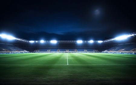 Generative AI Empty night grand soccer arena in the lightsの素材