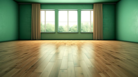 Generative AI Mid century modern empty room with green wall and wood floor. 3d renderingの素材