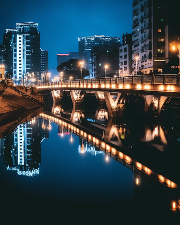 Generative AI night scene of seoul from empty floor near riverの素材
