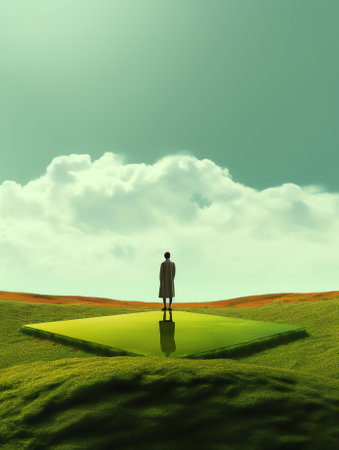 Generative AI Empty square platform and green mountain with sky cloud landscapeの素材