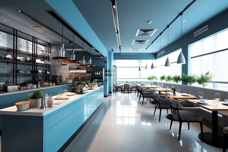 Generative AI modern restaurant with open kitchenの素材