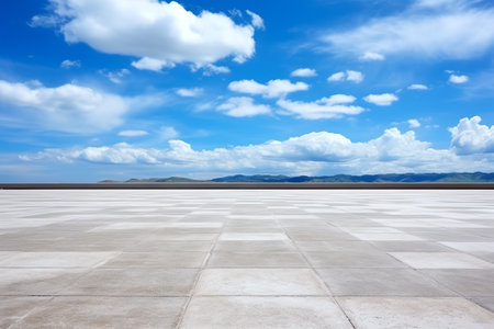 Generative AI Empty square floor and river with mountains under blue skyの素材