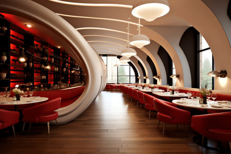 Generative AI modern european restaurant with nice and bright interiorの素材