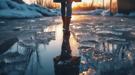 Generative AI Walk on wet melted ice pavement. Back view on the feet of a man walking along the icyの素材