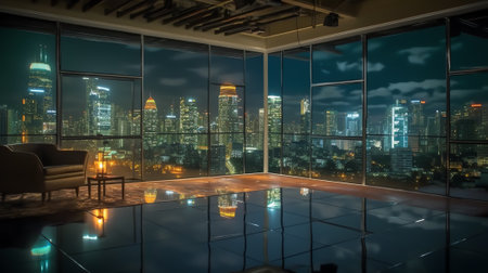 Generative AI Bangkok urban cityscape skyline night scene with empty asphalt floor on frontの素材