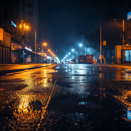 Generative AI Wet asphalt, reflection of neon lights, a searchlight, smoke. Smoke, smog. Dark backgrの素材