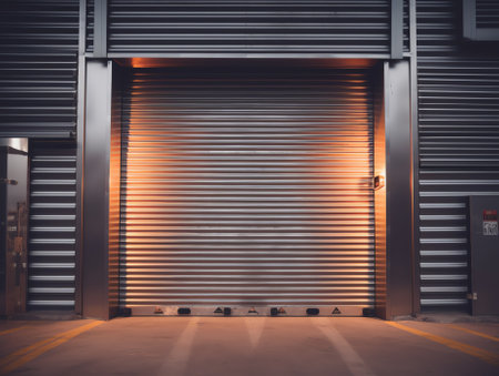 Generative AI Roller door or roller shutter using for factory, warehouse or hangar. Industrial buildの素材