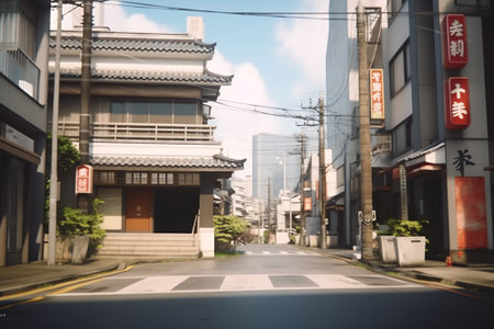 Generative AI Tokyo, Japan - 10.27.2018: Empty typical crossroad with shops on the side in Toshima Cの素材