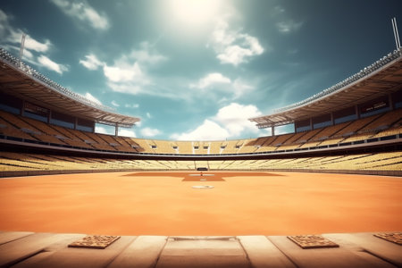 Generative AI empty baseball stadium arena with fans crowd in the sunny day lights 3d illustrationの素材