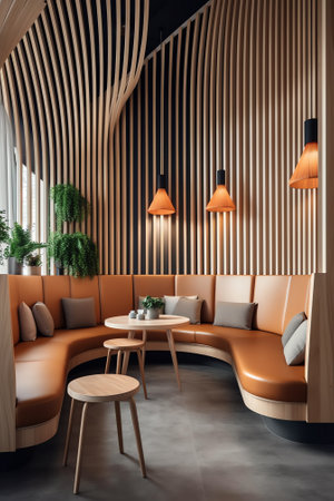 Generative AI Interior of restaurant. Wooden design.の素材