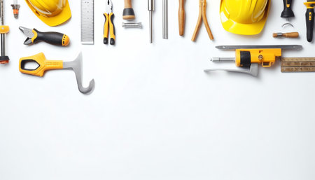 construction concept with hard hat working tools and copyspaceの素材