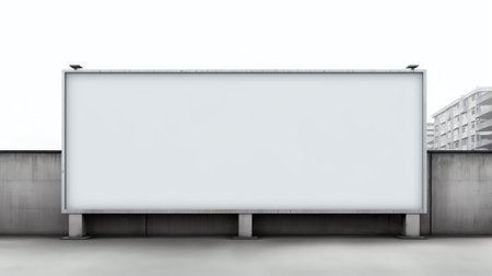 Large empty white advert billboard fixed on concrete fence on sidewalk at city street front viewの素材