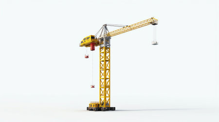 Yellow paint crane on blue sky. Heavy machinery equipment isolated on blue cloudy sky. Construction site view from beneath. Industrial building process. Empty copy space crane backの素材