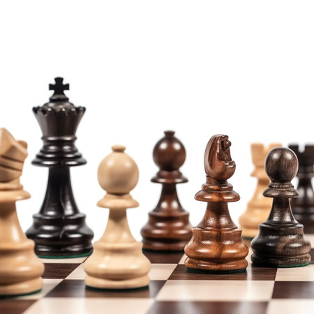 Chess pieces lined up on the board.の素材
