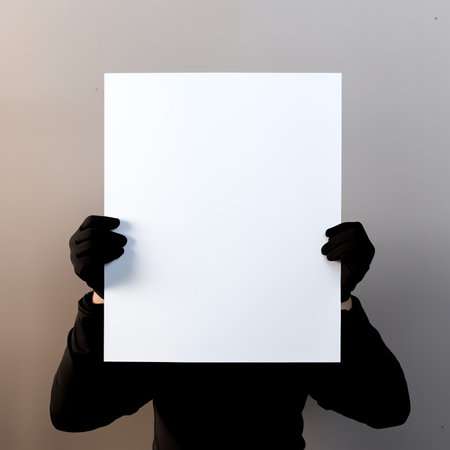 Hands holding white empty paper at factory production background.の素材
