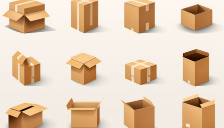 The rows of material boxes or product boxes cardboard boxes tetris  brown parcel cardboard box for packages delivery close-up single closed carton box with blank coverの素材