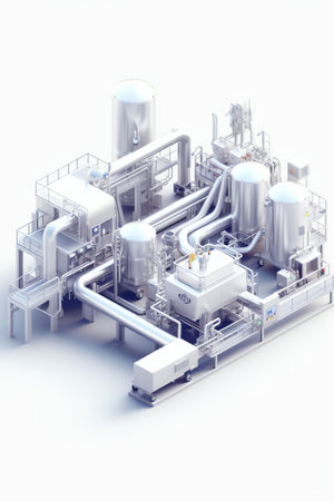 Fuel plant. Production and processing of fuel. Industrial workshops with petroleum equipment. Fuel station inside hangar. White tanks with pipes. Equipment for petroleum industry.の素材