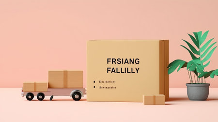 Online ecommerce store mockup, dropshipping business website concept. Table with laptop computer mock up blank white screen, shipping boxes, retail marketplace, warehouse deliveryの素材