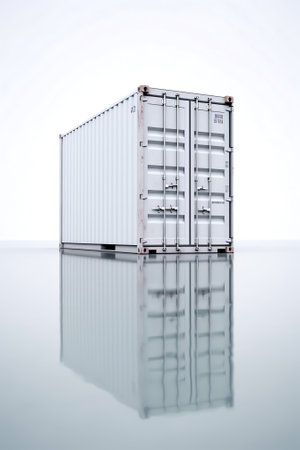 Sea container. Empty cargo container over grass. Open metal tare in weightlessness. Twenty foot container for sea export. Import preparation concept. Transportation, delivery, logiの素材