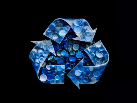 Blue plastic and metallic gallon drums barrel overlie together at a recycling plantの素材