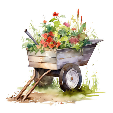 An empty two-wheeled wheelbarrow for transporting goods in the yard of a rural farmの素材