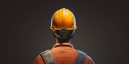 No face Unrecognizable person construction worker man holding in hands blueprint and yellow helmet on green texture wall with wallpaper background Empty copy space for inscriptionの素材
