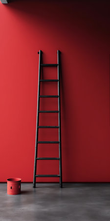 Aluminum ladder at the construction site against the background of a red brick wall. Work at height. Safety engineeringの素材