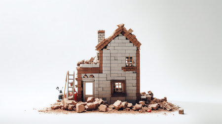 Walls of a multi-storey red brick house. Construction site, tools, wheel barrow, sand and bricks at new house building, cement mixer machine and accessoriesの素材