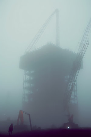 Mystical landscape of a construction old crane in a dense morning fog. Pollution and smog on the construction site. Concept of abandoned factory manufacturing.の素材