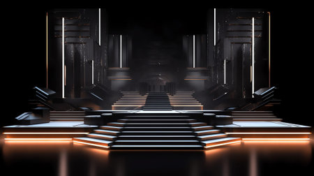 Empty stage in the shape of the factory, stage and assembly lines, 3d rendering. Computer digital drawing.の素材