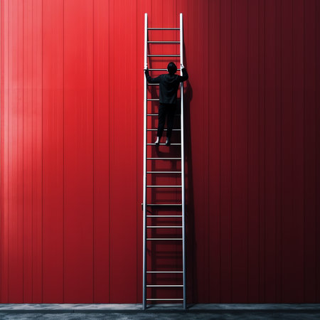 Aluminum ladder at the construction site against the background of a red brick wall. Work at height. Safety engineeringの素材