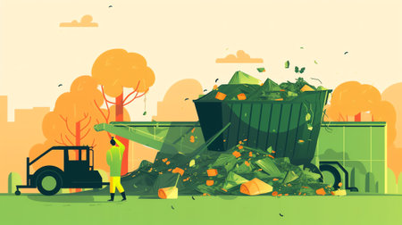 empty large green metal container for construction or other large-sized garbage against background of trees in park. Concept of environmental protectionの素材