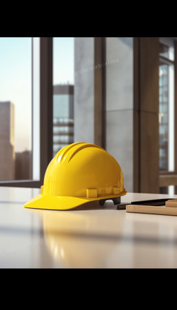 Construction Supervisor is watching a planner in a notebook computer in the office to plan work in the construction area and prepare a yellow helmet to wear before entering the conの素材