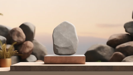 Empty stone table with blurred soft light factory business background. product display template. Mock up template for display. Business presentation.の素材