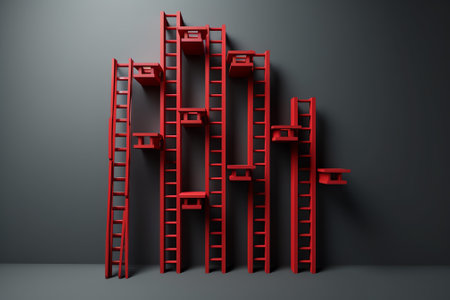 Aluminum ladder at the construction site against the background of a red brick wall. Work at height. Safety engineeringの素材