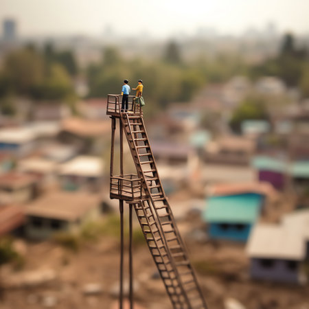 a ladder lying horizontally on the ground after long day of work . While constructing a building workers made an uneven ladder with two bamboo sticks, thrown away pieces of woods aの素材