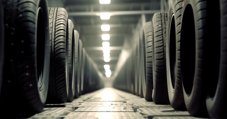 Close-up of abandoned industrial vehicle tires in factoryの素材