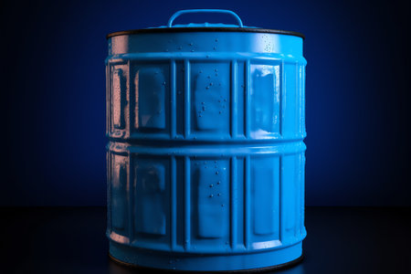 Stack of old chemical barrels. Blue oil drum. Steel and plastic oil tank. Toxic waste warehouse. Hazard chemical barrel. Industrial waste in plastic drum. Hazard waste storage in fの素材