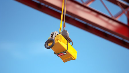 Yellow paint crane on blue sky. Heavy machinery equipment isolated on blue cloudy sky. Construction site view from beneath. Industrial building process. Empty copy space crane backの素材