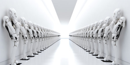 3d rendering white robotic arms with empty conveyor beltの素材