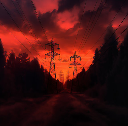 Russia / Power lines in steppe, night foggy landscape. Dark silhouettes of columns and wires. Red sky background, countryside, outdoors, dark night. Industrial scenery, abandoned pの素材