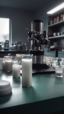 Laboratory glassware with different plants and microscope on table against blurred background. Chemistry researchの素材
