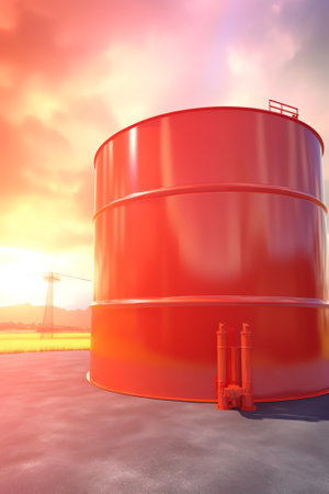 Red barrels of fuel. Steel barrels in industrial area. Cesternes in yard of warehouse. Red oil tanks.の素材