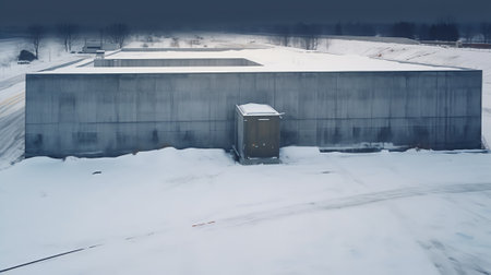 Large cargo Carts for shopping for construction materials stand empty in a hangar outdoors, winter, sunlight, snowの素材