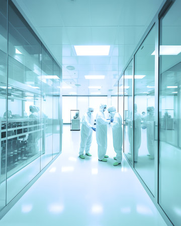 Clean room in manufacturing pharmaceutical plant, Green epoxy system flooring, Sandwich Panel, door, and double glass windowの素材