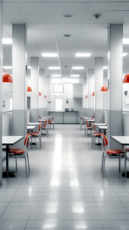 Cafeteria or canteen interior. School cafeteria. Factory canteen with chairs and tables, nobody. Modern cafeteria interior. Clean canteen in modern school. Lunch room.の素材