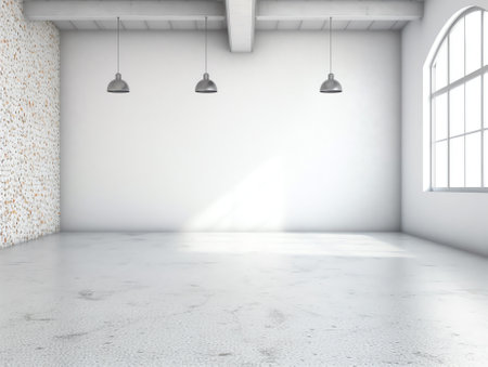 interior room with Dirty white concrete or cement with wooden floor. perspective wood plank white color floor with concrete or cement wall in white tone texture background for inteの素材
