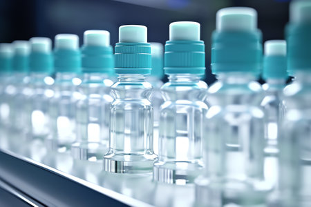 Rows of plastic bottles on factory production line, horizontal close-up. Industry, plastic, process and backgrounds concepts.の素材