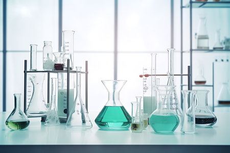 empty podium glass with a glass geometric platform. science laboratory test tubes, and chemical laboratory equipment. Research and develop products with coffee extract in the lab.の素材