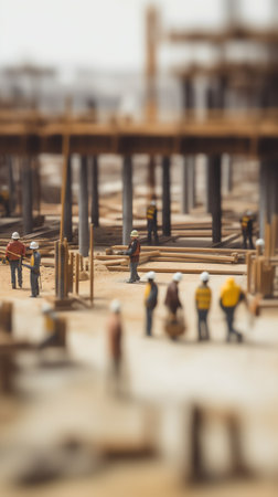 Selective focus on rusty wire on the empty wooden plate with blurred scaffolding in background at the construction siteの素材